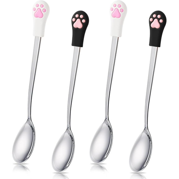 4 pcs Dog Food Spoon with Silicone Cats Claw, Stainless Steel Cat Spoons for Wet Food, Long Handle Dog & Cat Can Opener for Pet Dogs and Cats Can (White Black)