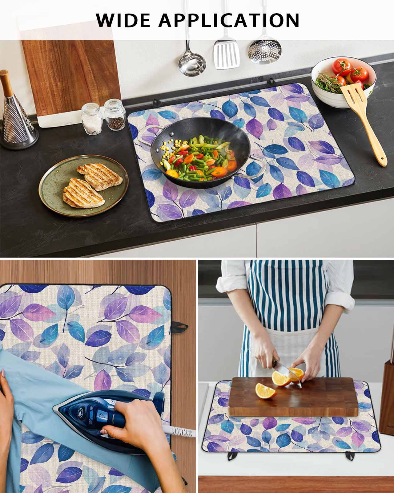 nqOlkjepod Large Induction Cooktop Protector Mat 24"x21", Blue Purple Leaves Stove Top Covers for Electric Stove, Botanical Abstract Color Retro Plants Stove Burner Cover Mats, Glass Top Stove Cover