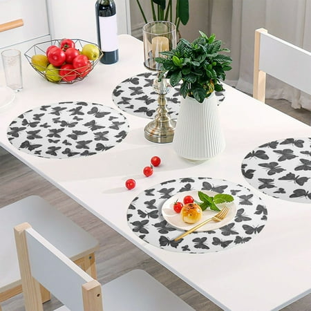 

Round Grid Placemat One Sizex4 Round Placemat PVC Plate Mat，15.4 Inch Non-Slip and Heat Resistant Table Placemat Dining Room Placemat Black Butterfly Seamless