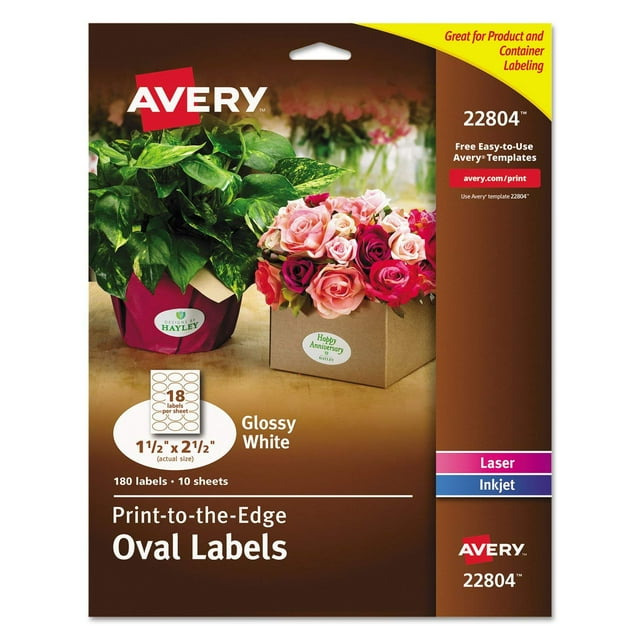 Label Avery, impresión fácil de despegar hasta el borde, ovalada, 1,5 x 2,5 cm, 180 unidades