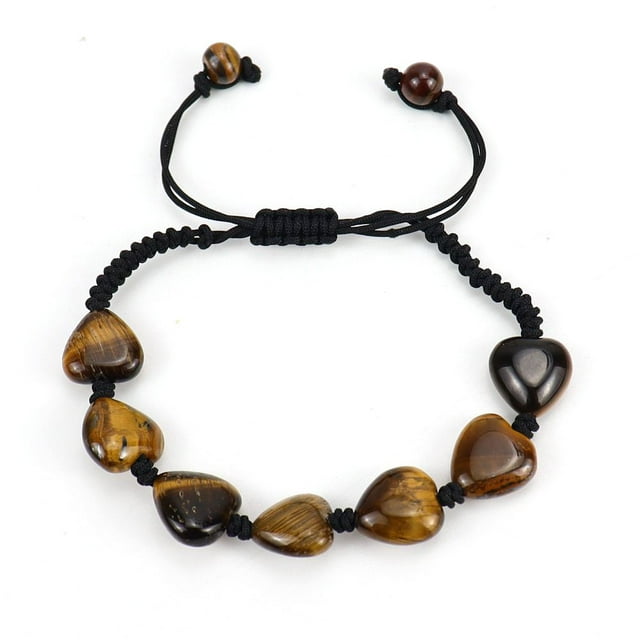 Nvzi Pulsera de cuentas hecha a mano, pulsera tejida con corazón de piedra natural, pulsera simple y ajustable (marrón)