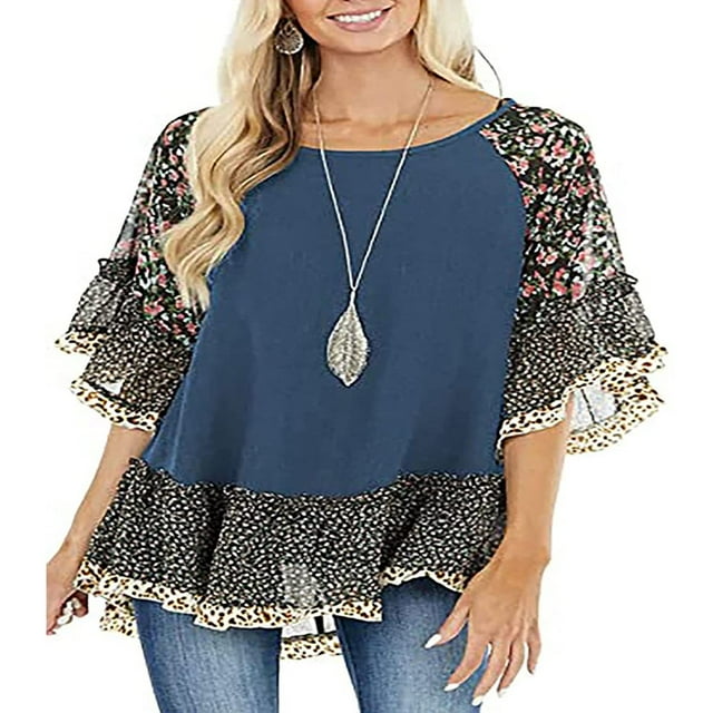Blouse Femme à Manches 3/4, Unie, Ourlet Floral, Imprimé Léopard, Haut Ample