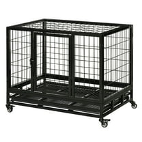 36" Heavy Duty Dog Crate with Wheels & Tray, Double Door - Medium Large Dog Kennel