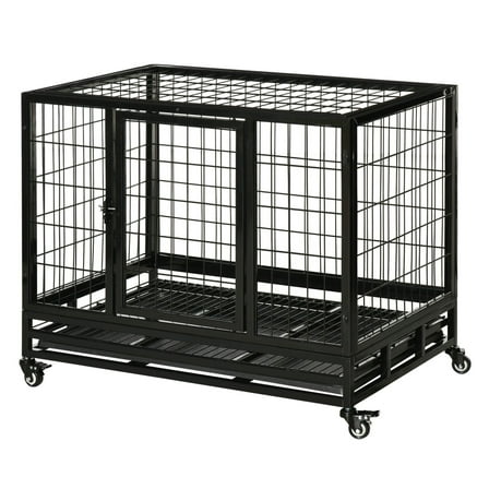 36" Heavy Duty Dog Crate with Wheels & Tray, Double Door - Medium Large Dog Kennel