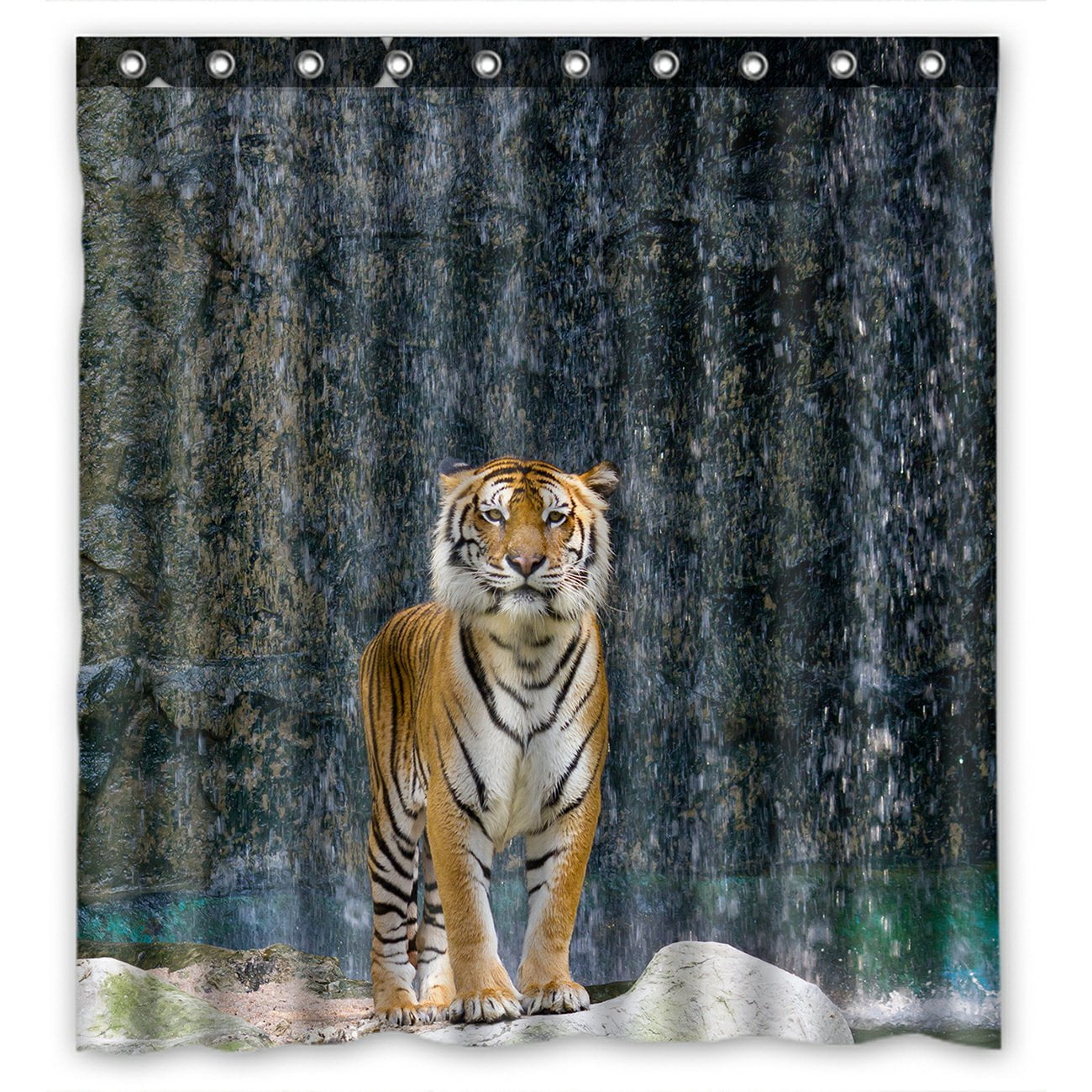 PHFZK Animal Shower Curtain, Tiger Standing on the Rock near the waterfall mountain landscape