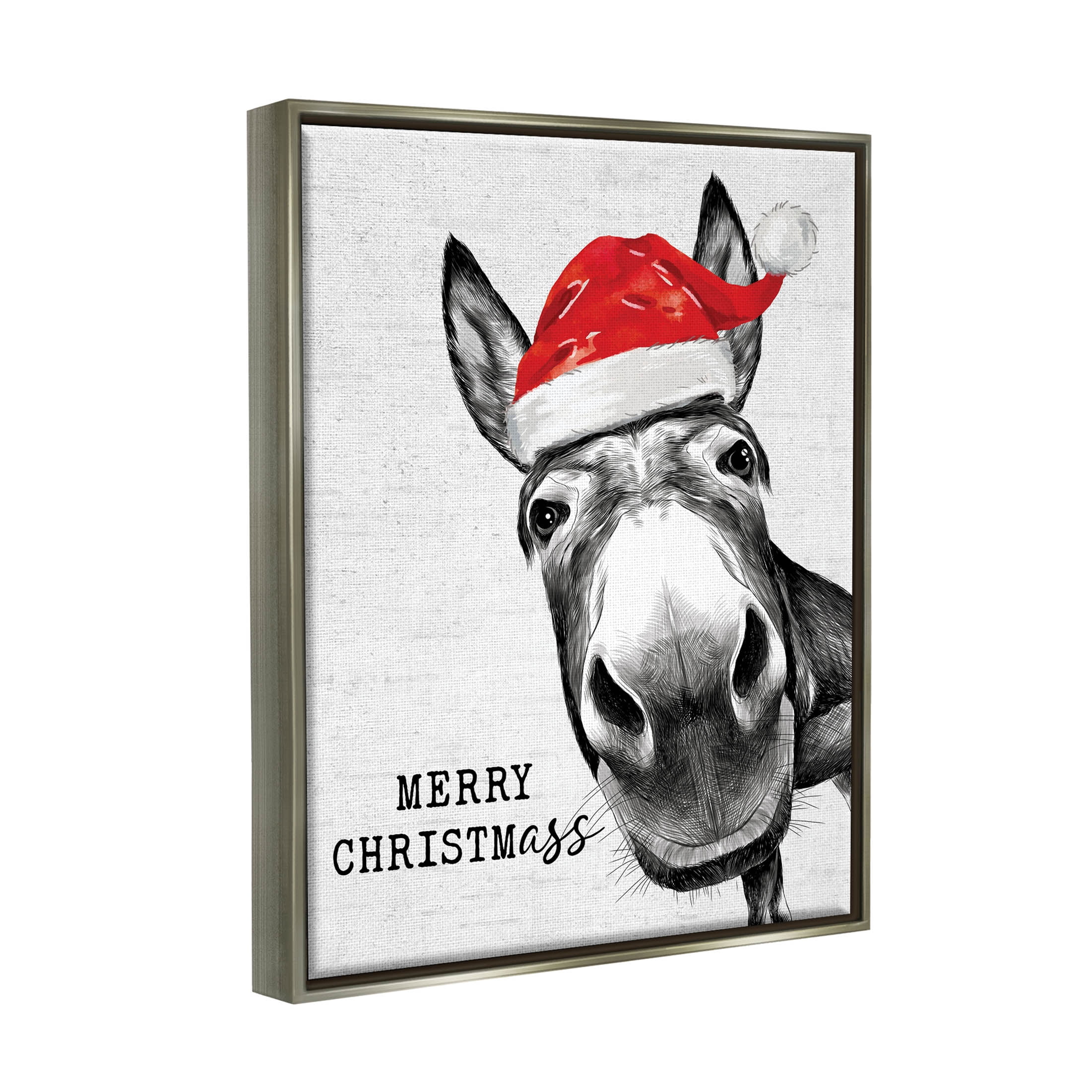 Stupell Industries Merry Christmass Funny Donkey Graphic Art Luster Gray Floating Framed Canvas Print Wall Art, Design by Lettered and Lined