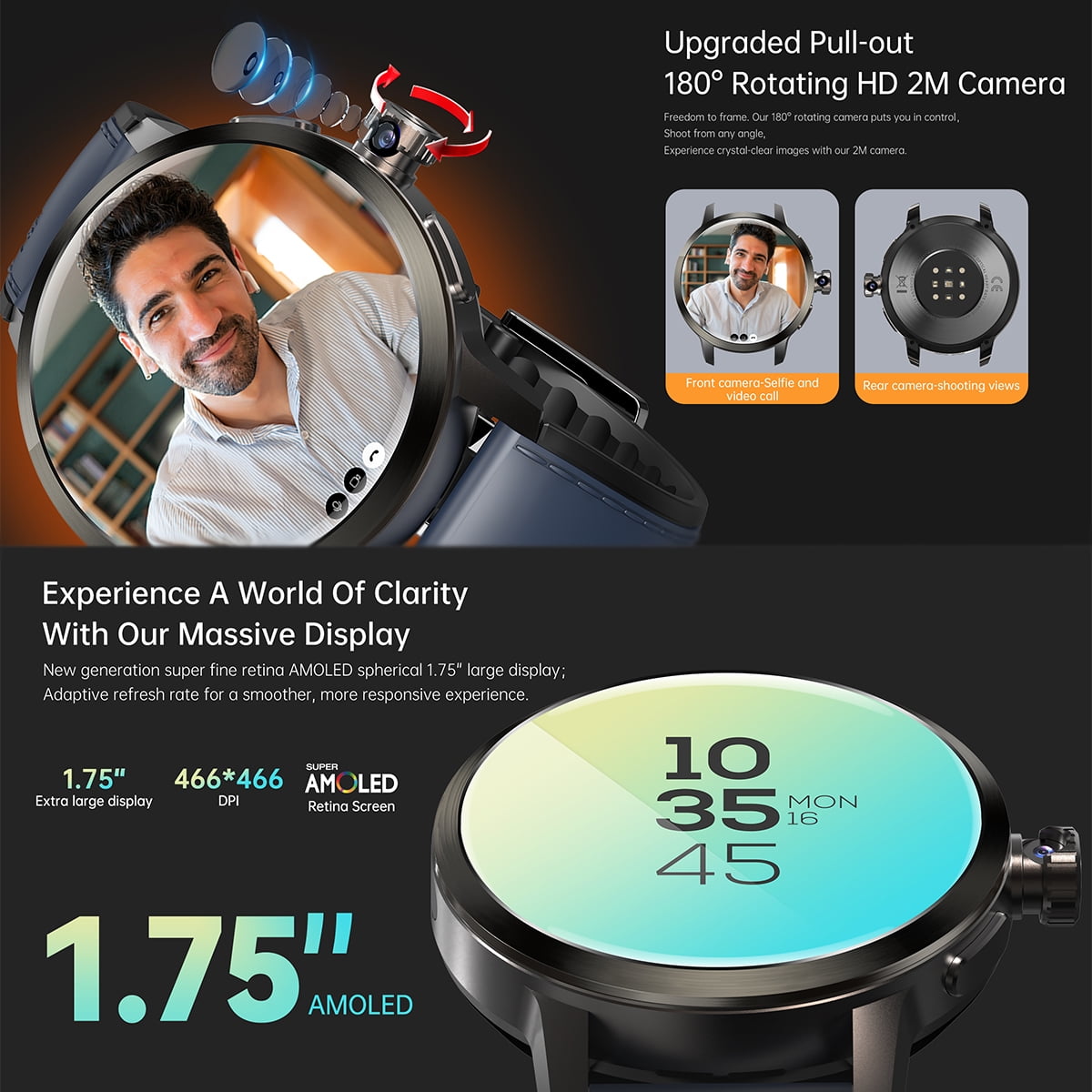 DM82 Bluetooth call only watch, 180° pull-out rotating camera, 1.75 inch large screen heart rate fitness tracker