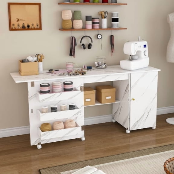 YINGYING  57.5" Folding Sewing Table with Locking Casters, Multipurpose Sewing Machine Table with Shelves, Bins & Cabinet, Adjustable Sewing Cabinet for Home, Bedroom, Craft Room