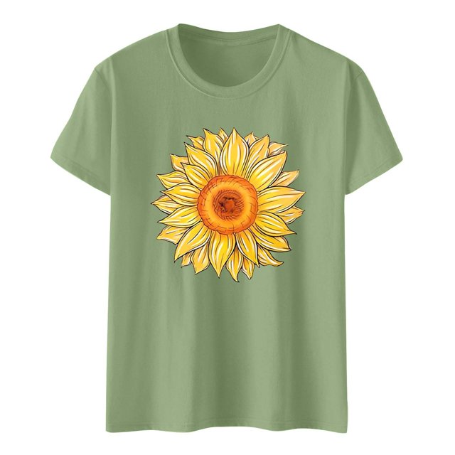 TSADFHJI Hauts Scintillants pour Femmes Bleu Mode Décontractée Confort Simple Tournesol Imprimé Col Rond Manches Courtes T-Shirt Haut TTG Vert