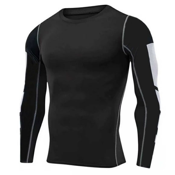 Lovzfmll Men's Solid Color Breathable Compression Fit Workout Long Sleeve Crewneck Top, Athletic Shirt Black, 2XL