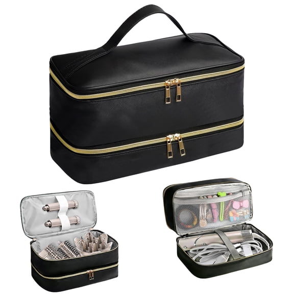 Yalumo Hair Tools Travel Bag, Double Layer Travel Carrying Case for Hair Dryer, Waterproof PU Leather Hair Tool Bag, Portable Hair Accessories Tools Storage Bag