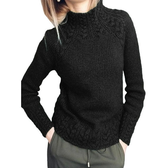 DYMADE Women Half High Collar Solid Color Twist Knit Sweater Raglan Sleeve Top