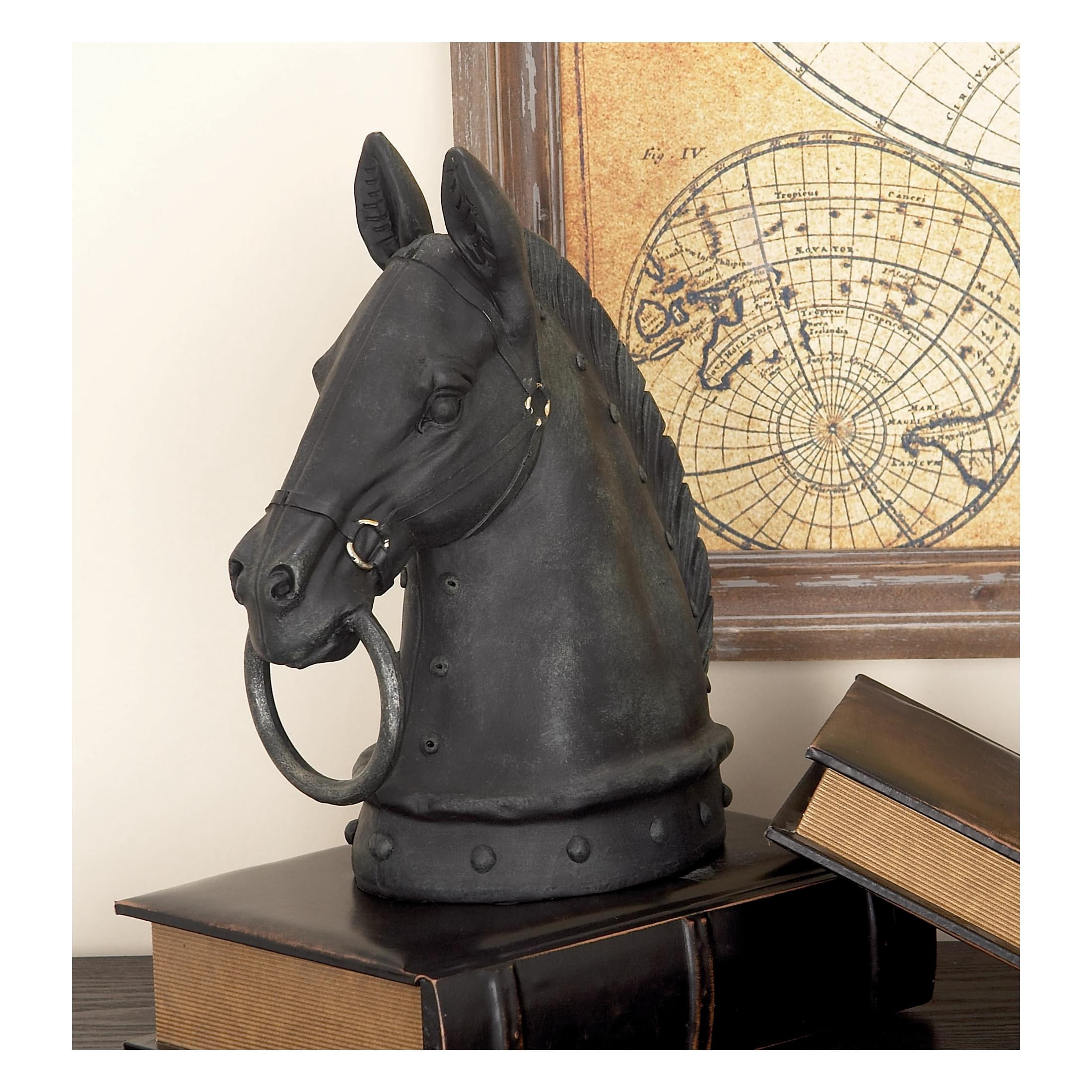 9" x 12" Black Polystone Antique Style Head Horse Sculpture with Hitching Post and Gold Accents, by DecMode