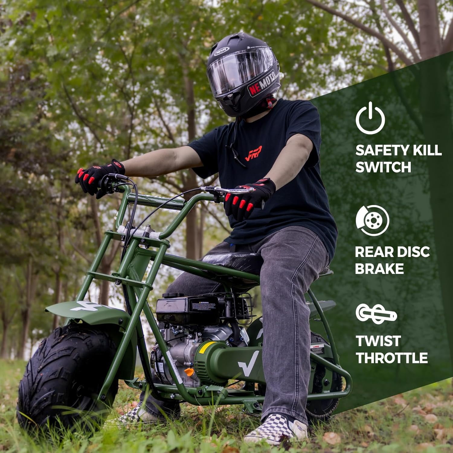 FRP Mini Dirt Bike GMB100 Max, 99CC Gas Powered Mini Bike 4-Stroke,Mini Bikes for Kids/Adult, W/LED Headlight, Goggles, Gloves and Neck Gaiter,Up to 28 Mph, Weight Support Up to 220 LBS (GREEN)
