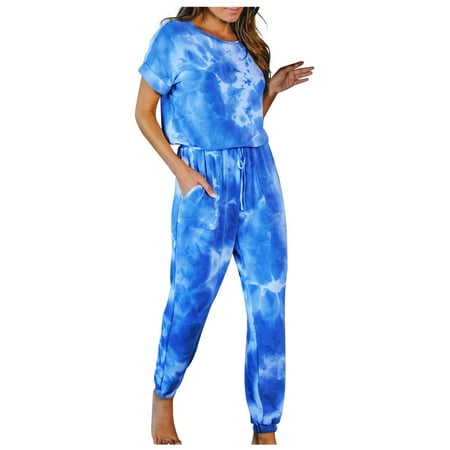 

Nightgowns for Women 2 Piece Pajama Sets Tie Dye O Neck Short Sleeve T-Shirts Elastic Waist Sweatpants Sleepwears