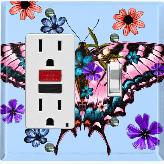 Metal Light Switch Plate Cover Unique Colorful Floral Butterfly Blue BUT022