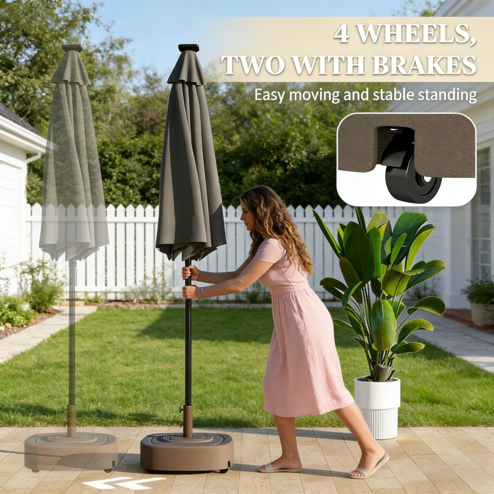 Outdoor Umbrella Base Brown HDPE & Metal Umbrella Stand with 4 Wheels (2 Brakes) Fits 1.5"/1.89" Dia. Poles & Up to 13.1' Umbrellas