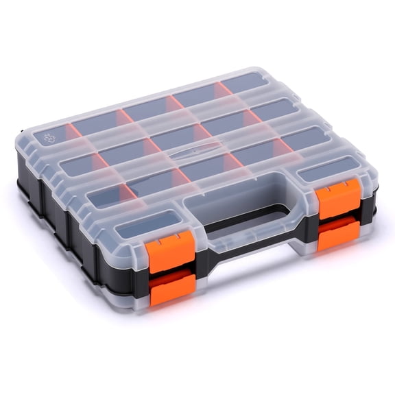 CASOMAN Double Sided Small Parts Organizer, 34 Compartment Hardware Storage Box, Screw & Bolt Organizer with Removable Dividers, Black/Orange