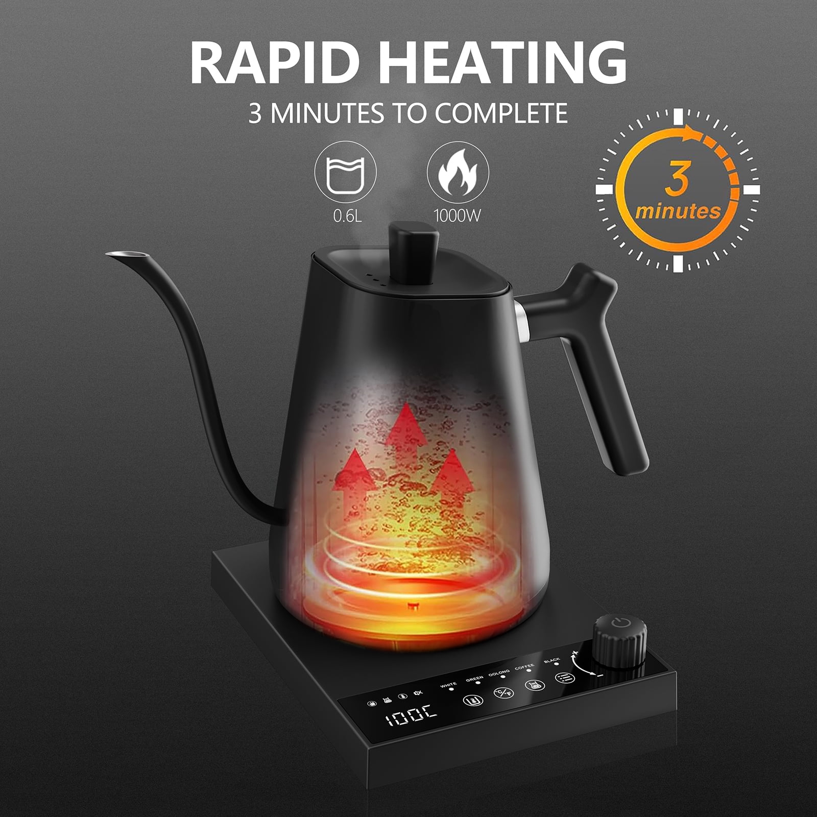 Eurhowing Electric Gooseneck Kettle, 0.6L Stainless Steel Pour-Over Kettle, 1000W Brewing Kettle for Coffee & Tea, 1°C Temperature Control & Hold, Black