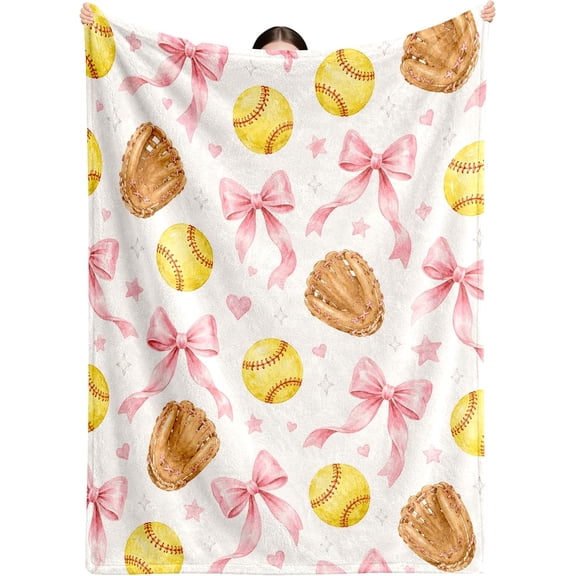 Softball Gifts for Girls Softball Bow Blanket Sports Gifts Softball Christmas Birthday Gifts For Girls Women Team Players Ball Lovers Softball Sports Flannel Throw Blanket