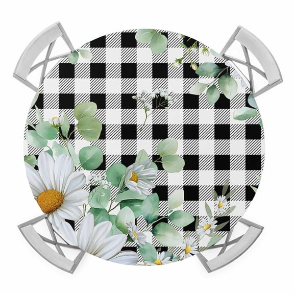 Elastic Fitted Round Tablecloth, Spring Floral Waterproof Stretch Table Cover for 36"-44" Tables, Daisy Eucalyptus Leaves Black White Plaid Washable Outdoor Tablecloths for Patio, Picnic, Camping