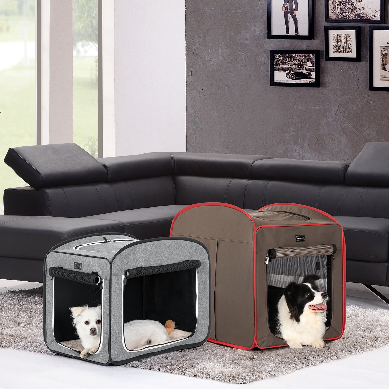 Petsfit 17x31x26 inches Collapsible Dog Travel Crate, Portable Pop Up Dog Crate for Medium Large Dogs for Indoor/Outdoor Use ，Grey