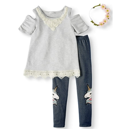 Terry Cloth Outfit Women Girls' Cold Shoulder French Terry Tunic and Denim Unicorn Legging, 2-Piece Outfit Set With Headband ()