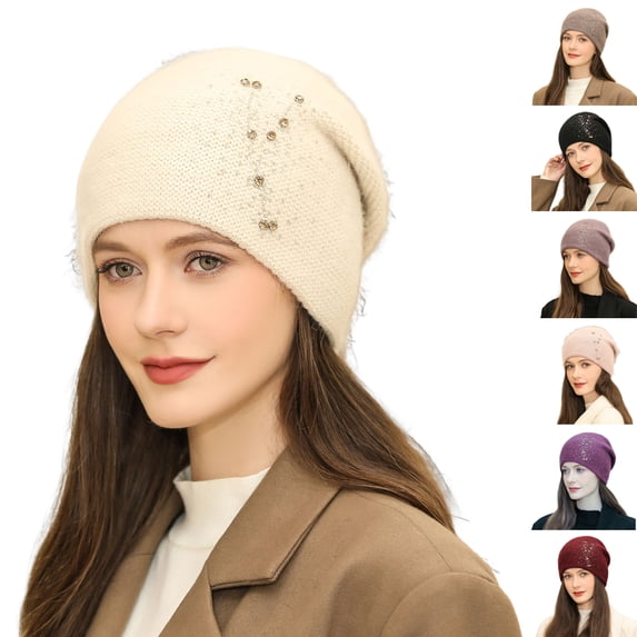 D-GROEE Slouchy Beanies for Women Winter Soft Warm Faux Rabbit Fur Hat Skull Cap Ladies Knit Rhinestone Decor Beanie Hat for Women