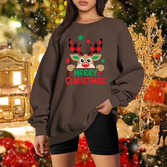 Pntutb Mujer Moda Suelta Manga Larga Cuello Redondo Blusa Navidad Impresión Camiseta tops Pntutb Pntutb-5886