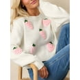 thumbnail image 5 of Womens Sweet 3D Strawberry Pattern Knitted Sweater Casual Loose Long Sleeve Pullover Sweater Tops Cream White XL, 5 of 10