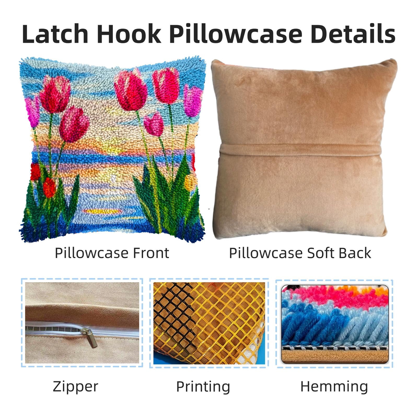Seaside Flower Tulips Sunset DIY Latch Hook Pillow Kits for Adults Printed Pillowcase Crochet Yarns Hooking Handmade Pillow Cover Cushion for Home Sofa Decoration 17x17inch(3)