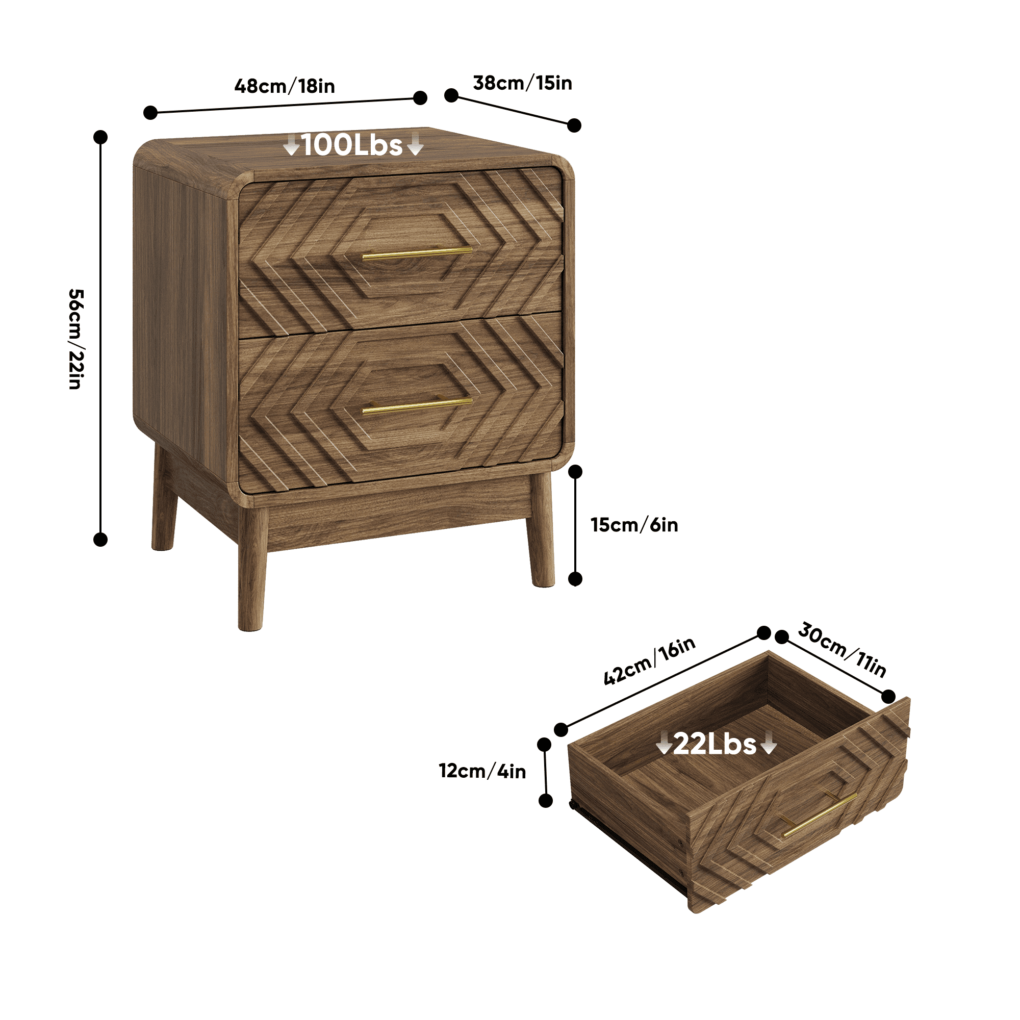 Walnut wood bedside table, double drawer bedside table with solid wood legs and gold metal handles, rounded corner end table suitable for bedroom.