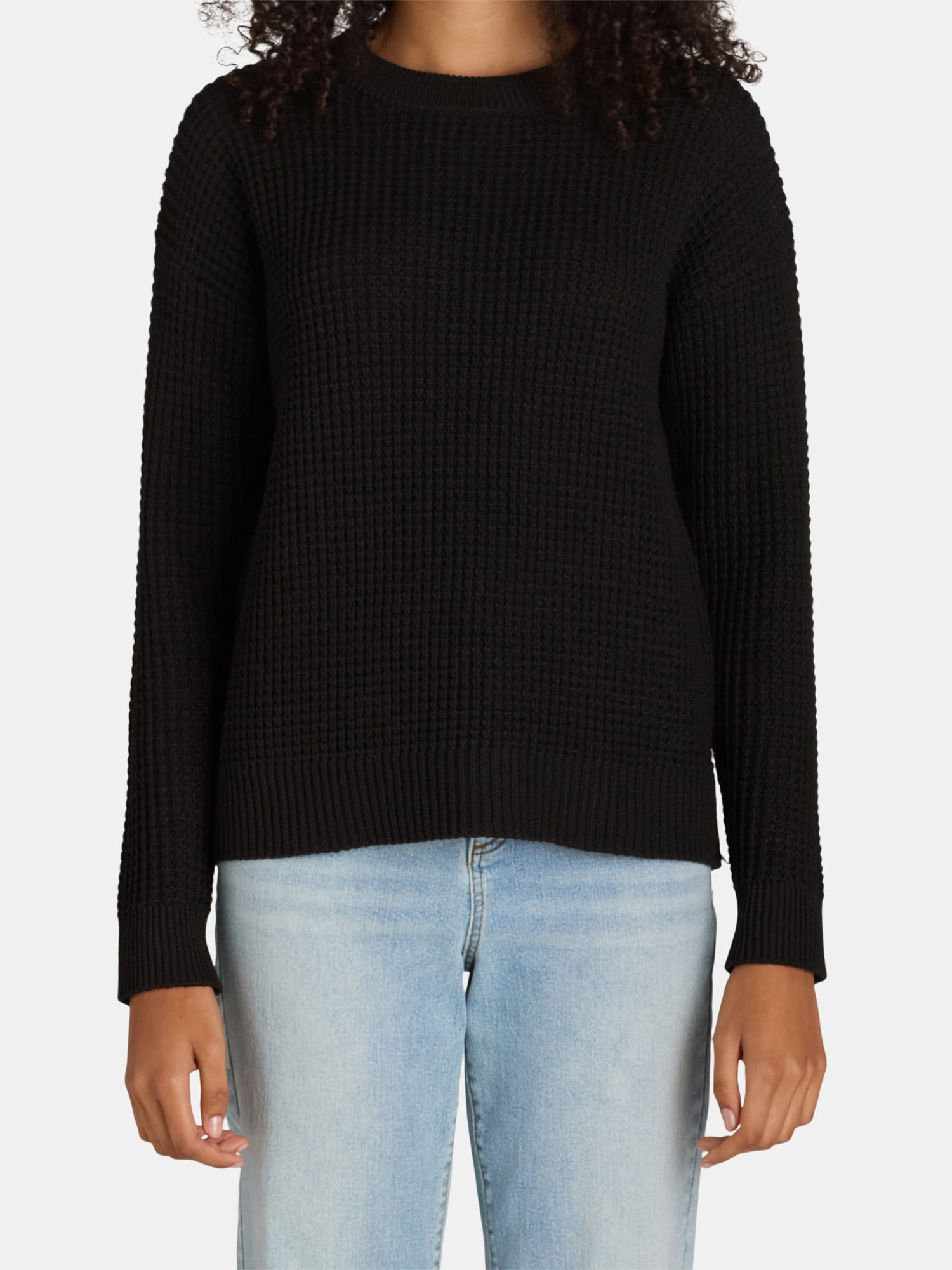Time and Tru Women's and Women's Plus Waffle Stitch Sweater with Long Sleeves, Midweight, Sizes XS-4X