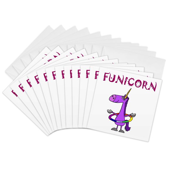 3drose, Funny Purple Unicorn Playing Hula Hoop Is a Funicorn, 12 Greeting Cards with Envelopes