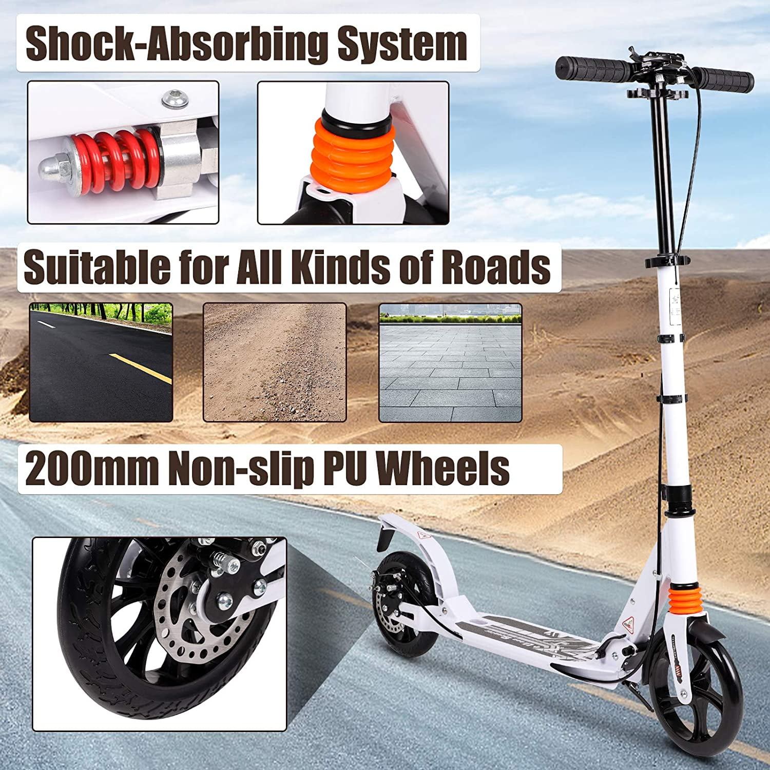 Support 220lbs Carry Strap for Adults Teens Ages 12+ 200mm Wheels Rear Brake Adult Scooter，Lightweight Easy Folding Kick Scooter Street Push Scooter with Adjustable Handlebar 
