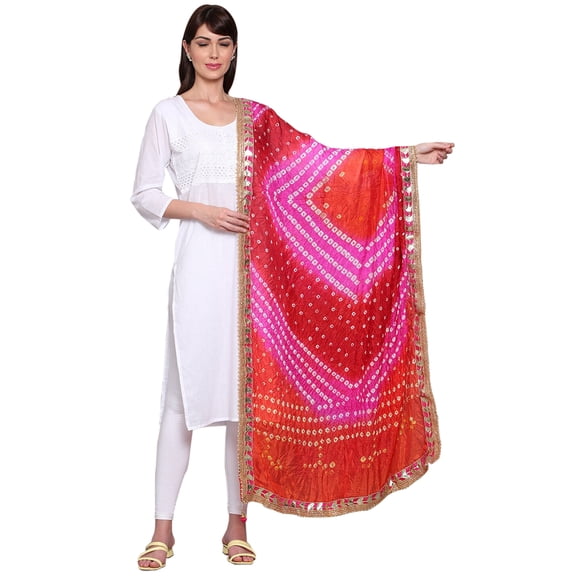 eloria Women's Art Silk Bandhani Bandhej Gotta Patti Jaipuri Rajasthani Dupatta