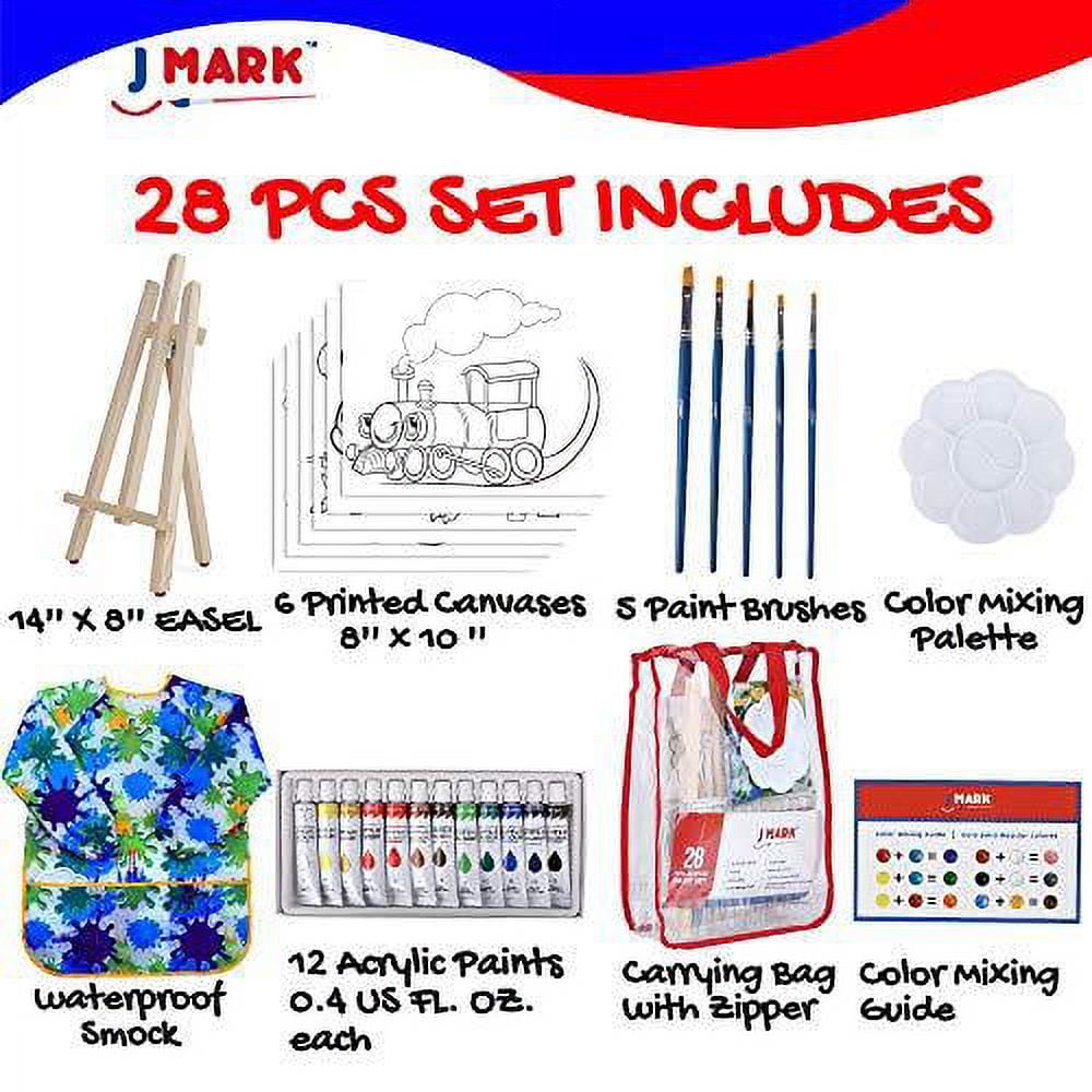 ShineZoom Kids Paint Set 49 PC Acrylic Paint Set for Kids/ Adults（ 24  Colors Acrylic Paint ,9 Brushes,8 Canvases ,2 Easels,2 Smocks and More  Complete