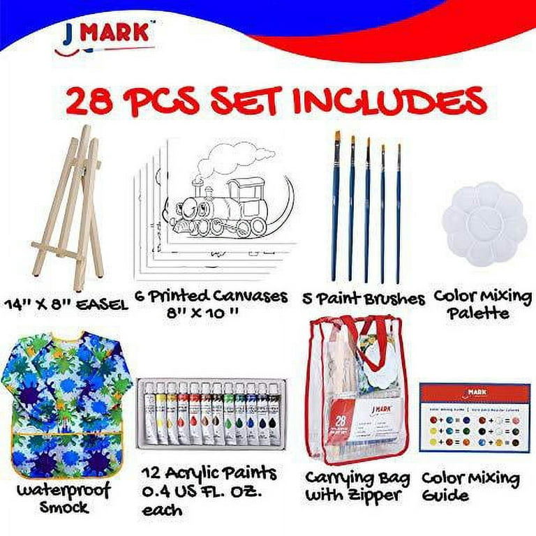 JOYIN 48 Pieces Art Painting Supplies for Toddlers and Kids with 12 Paint Brushes, 10 Painting Canvas, 2 Tabletop Easels, 2 Art Smocks, 18 Acrylic