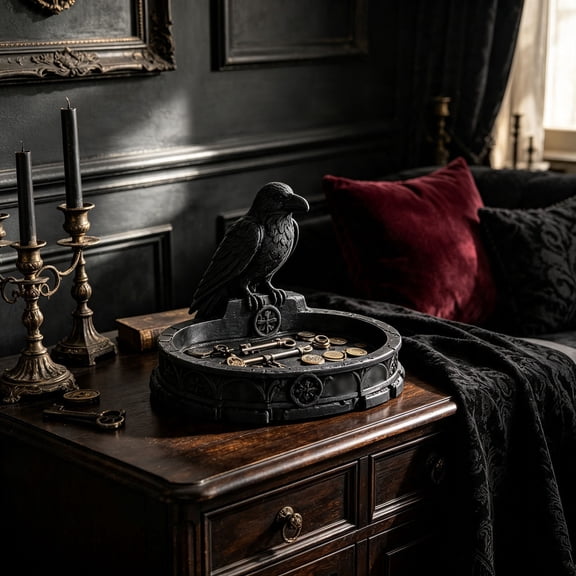 3.94in Black Crow Dish Resin Statue - Gothic Raven Trinket Tray for Halloween Decor, 3.15in Tall Dark Style Jewelry Organizer for Home Tabletop, 1PC Ornament
