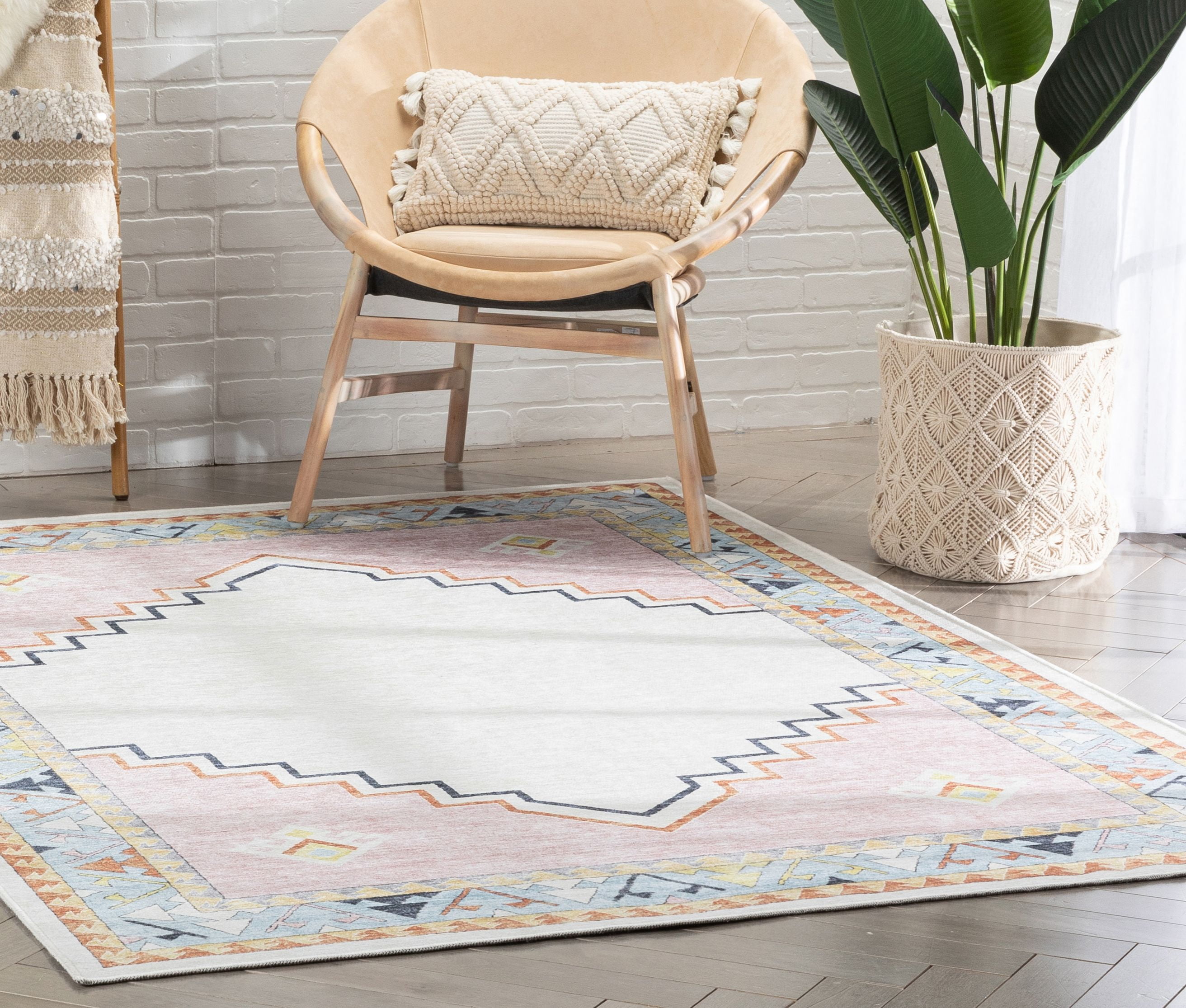 Well Woven Kids Rugs Ethnic Soft Medallion Modern Pink Beige Printed Distressed Machine Washable 5' x 7' Area Rug