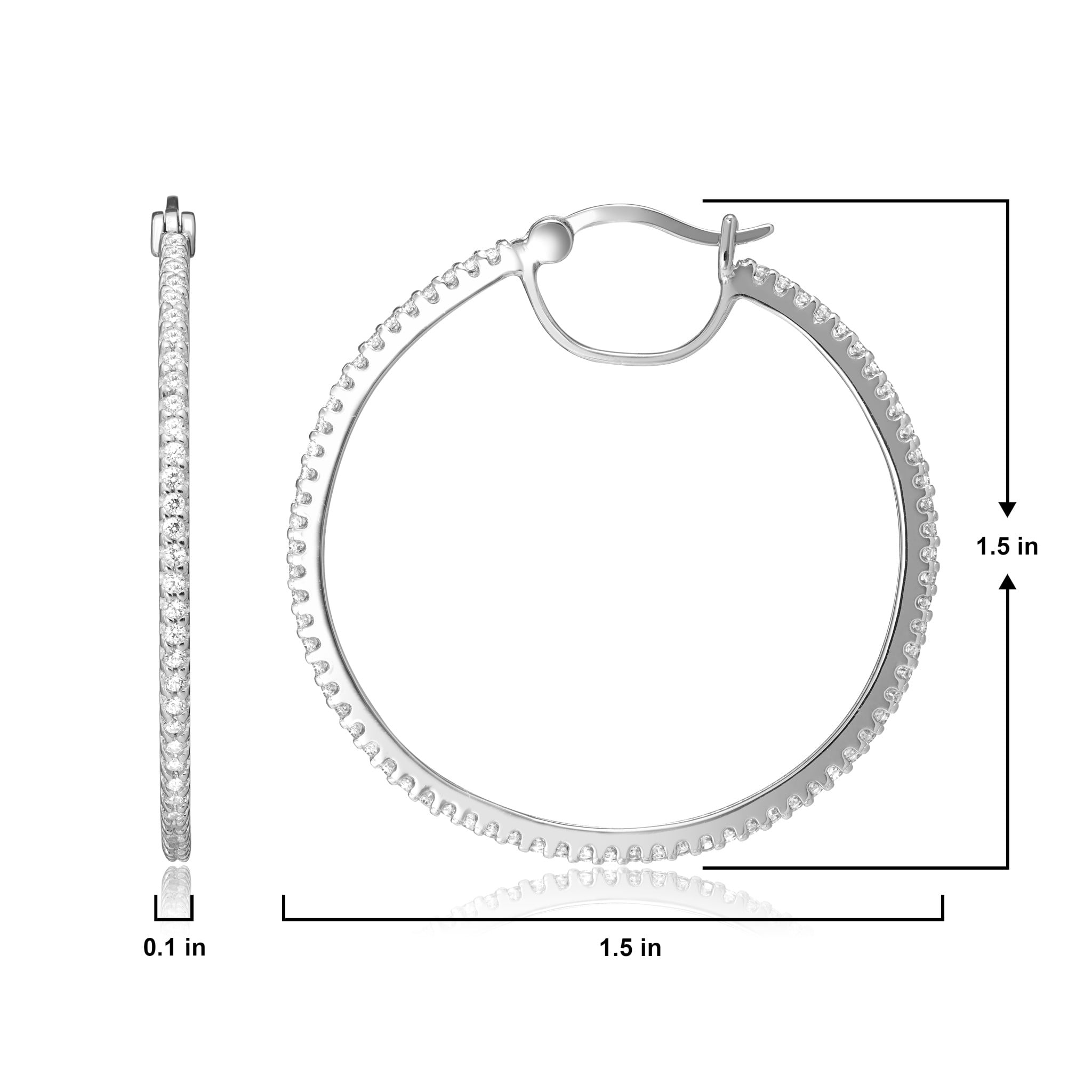 Sterling Silver Platinum Plated Cubic Zircon All Around Hoop earrings, 1.5" Diameter