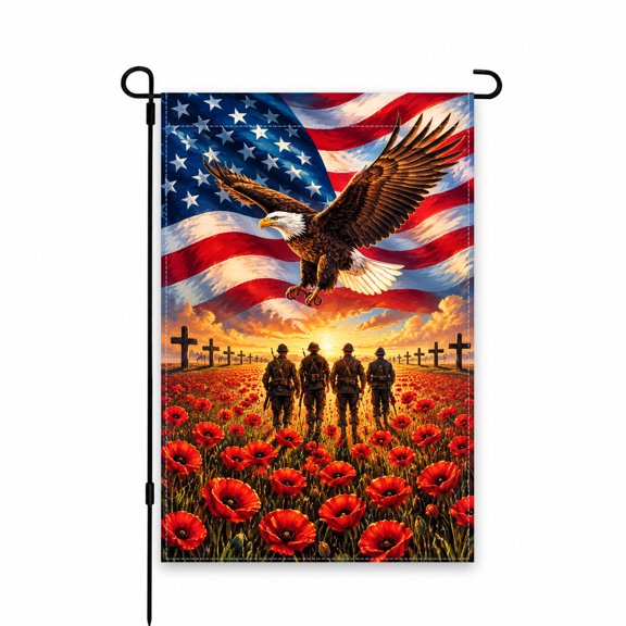Patriotic Eagle and Soldiers Garden Flag 12x18 Inch - American Flag with Red Poppies Yard Decor for Memorial Day Patriotic Outdoor Lawn Display