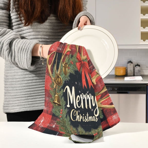 BZSMCE Kitchen Towels Creative Elegant Christmas Bowknot Print Pattern Durable Kitchen Towel