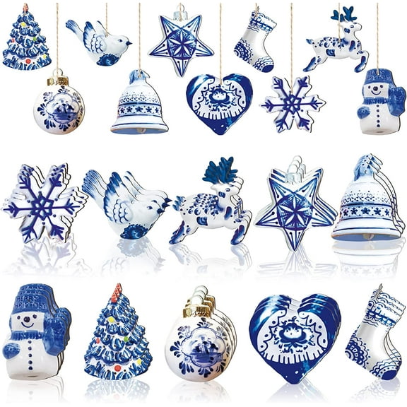 40 Pieces Christmas Chinoiserie Ornaments Blue and White Porcelain Wooden Ornaments Hanging Chinoiserie Christmas Decorations Bird Tree Snowflake Deer Porcelain Decoration for Xmas Tree