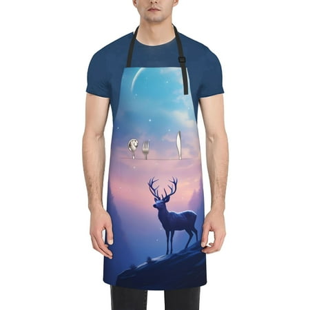 

Qekee Night Sky Elk Print Waterproof Apron with Pockets Adjustable Cooking Aprons Kitchen Bib for Baking Household Cleaning