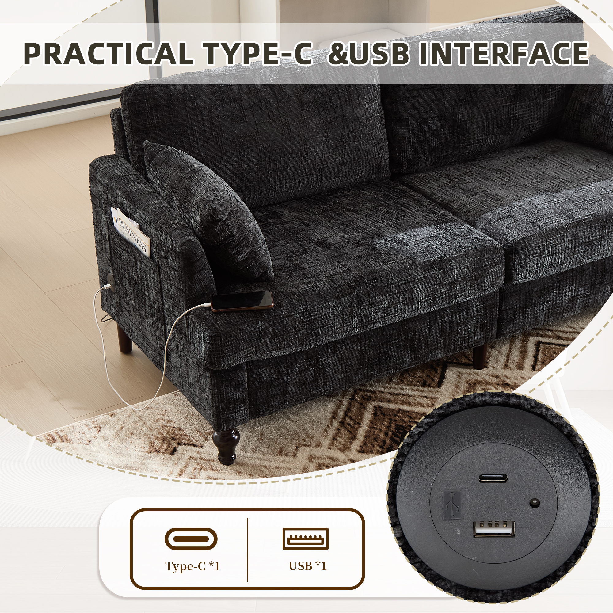 MOONMISS Chenille Upholstered Mid Century Modern Wood Frame Loveseats Sofa with LED light,USB and Side Pocket-Black