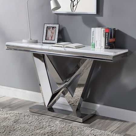 Sofa Table with 18mm Beveled Faux Marble Top, Glam Stainless Steel V-Shape Pedestal Base, Chrome Finish Rectangular Metal Console Table for Living Room, 55"L x 16"W x 3"H