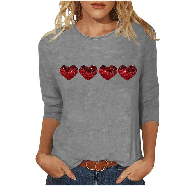 Plebaso Chemises à Manches 3/4 pour Femmes Mignonnes avec Cœur Hauts Amples Décontractés Blouses à Col Rond T-Shirts Imprimés