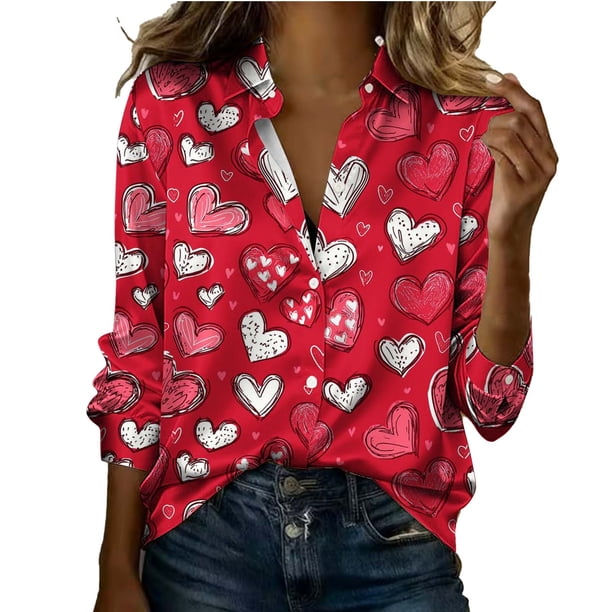 Camiseta de satén impresa del día de San Valentín de manga larga de las mujeres, botón para arriba suéter de solapa para invierno primavera