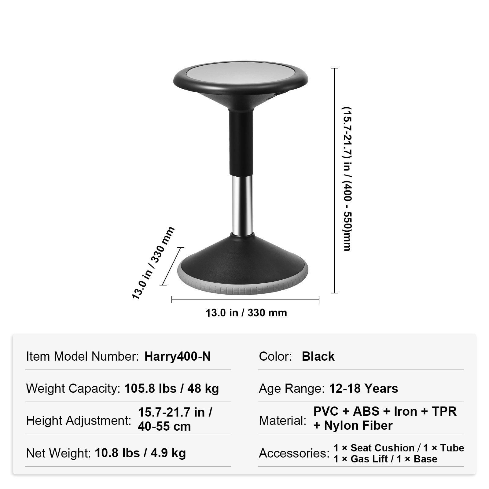Wobble Chair with Adjustable Height, Active Flexible Seating Stool for Kids and Teens, 360° Swivel, Non-Slip Base, 15.7-21.7 in, for Classroom, Office, Home